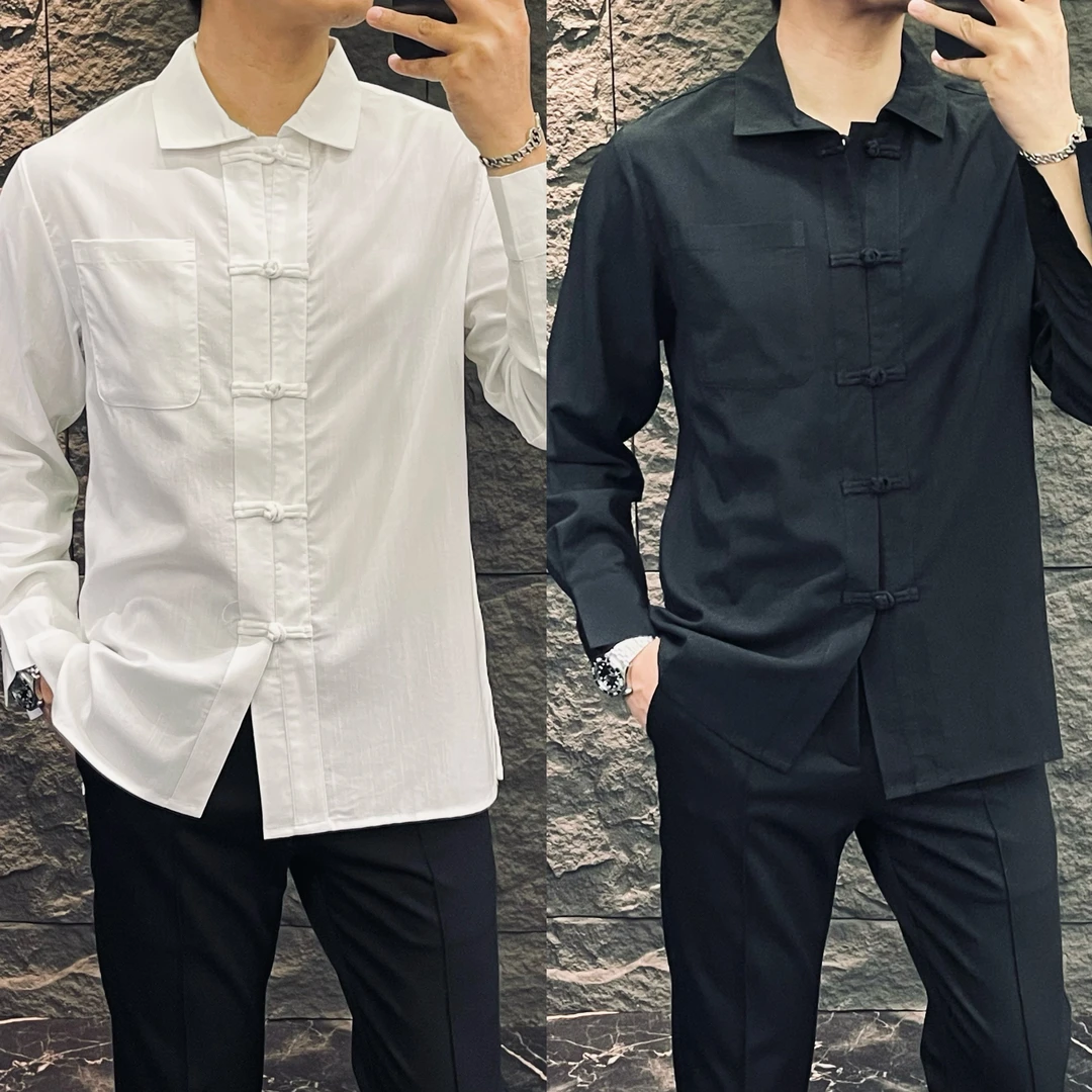 轻奢高品8041春季男士新中式手工盘扣棉麻防晒衬衫