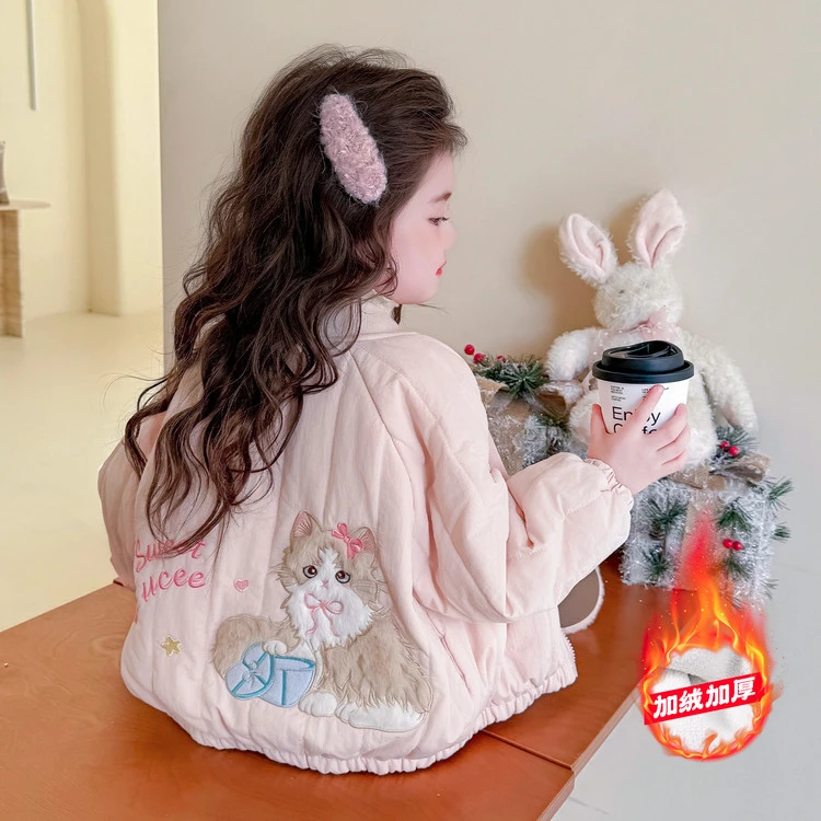 女童夹棉外套秋冬款2025新款宝宝冬季加绒外套小童儿童冬装棒球服