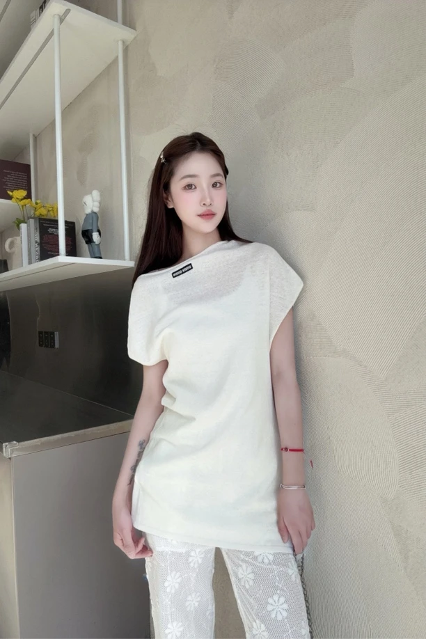 WIWH上衣｜『鑫鑫专属』亚麻百搭不规则设计感长款T恤1E105