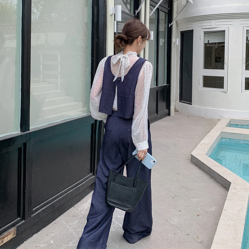 复古氛围感套装裤女2025早春新款系带波点衬衫马甲阔腿裤三件套潮