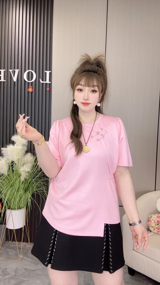 晓慧家1319夏季新款带腰身弹力时尚显瘦百搭纽扣宽松气质半袖