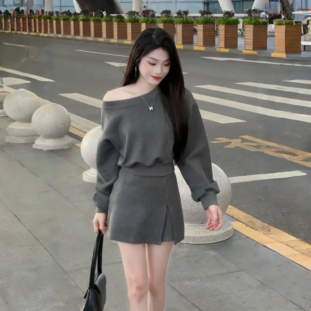 2025早秋韩系辣妹时尚套装女纯欲风一字露肩长袖卫衣休闲百搭短裙
