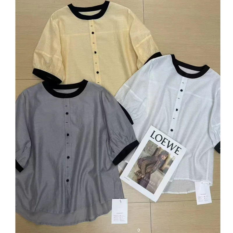 2025夏季新款拼色单排扣高级感短袖衬衣时尚条纹气质上衣T恤 W827