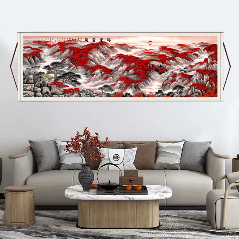 丈二《鸿运当头》大气背景墙横幅挂画国风艺术山水靠山图装饰画 E7