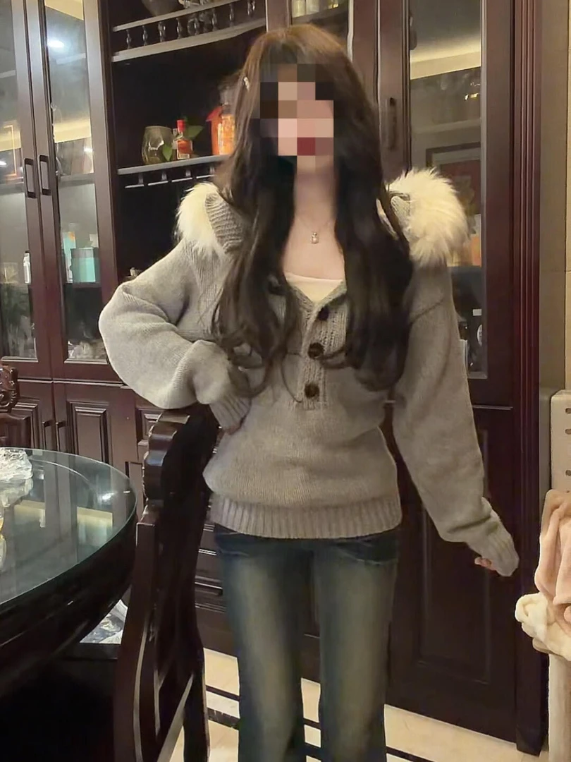 韩系慵懒风软糯毛衣女秋冬新款修身显瘦针织衫毛领连帽小个子上衣