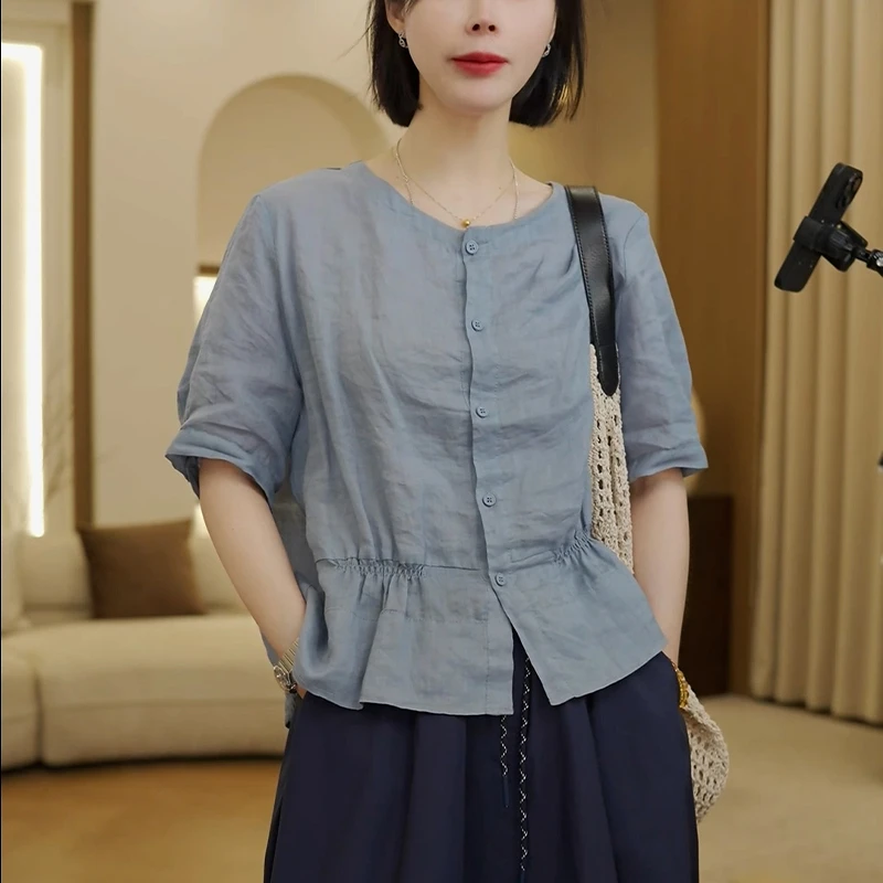 慵懒风时尚休闲短袖衬衫女2025年新款爆款小衫宽松减龄苎麻上衣女