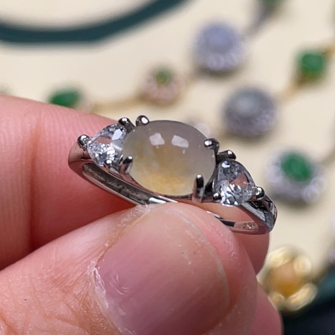 翡翠戒指银S925镶嵌纯天然缅甸翡翠