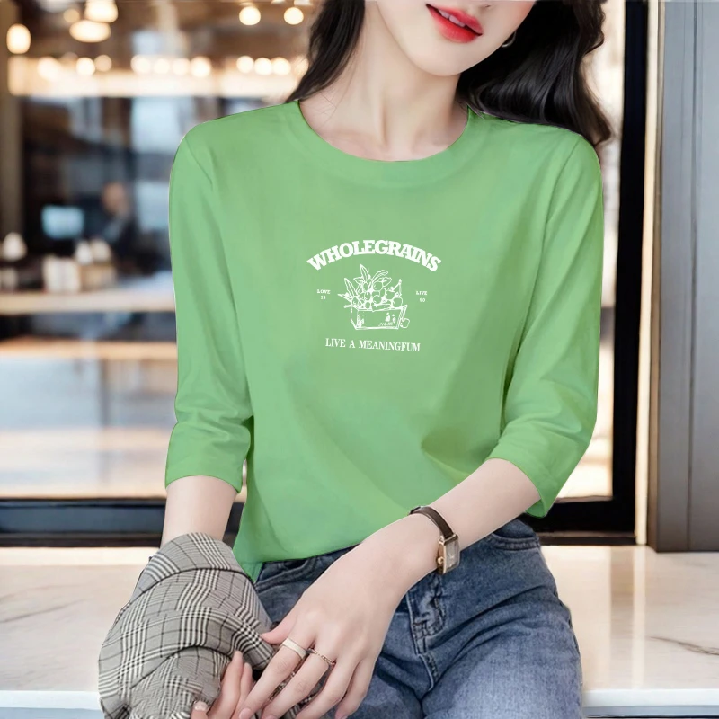 七分袖t恤女纯棉夏季减龄打底衫女士白色中袖微胖T恤女款修身上衣