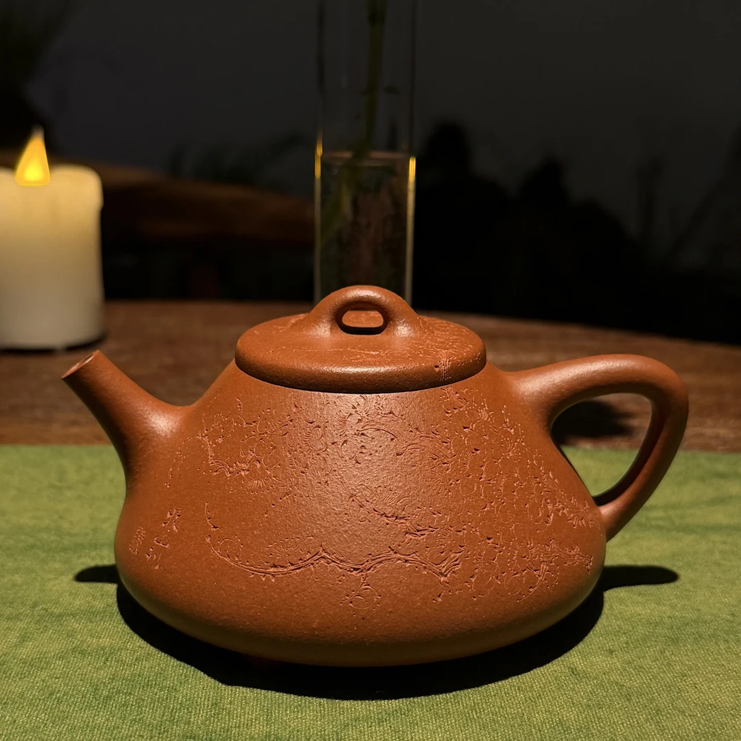 子冶石瓢壶 约280cc 梅花刻绘 原矿小红泥 手工紫砂壶 家用茶具