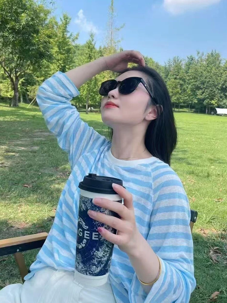 韩系蓝色条纹冰丝长袖防晒t恤女夏季轻薄罩衫外搭薄纱空调衫上衣