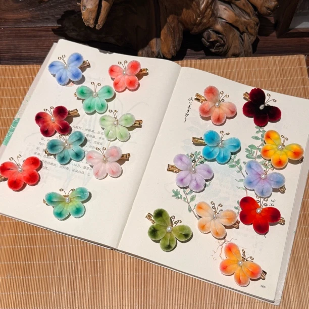 蝴蝶胖绒边夹 非遗绒花手工边夹发饰日常百搭款