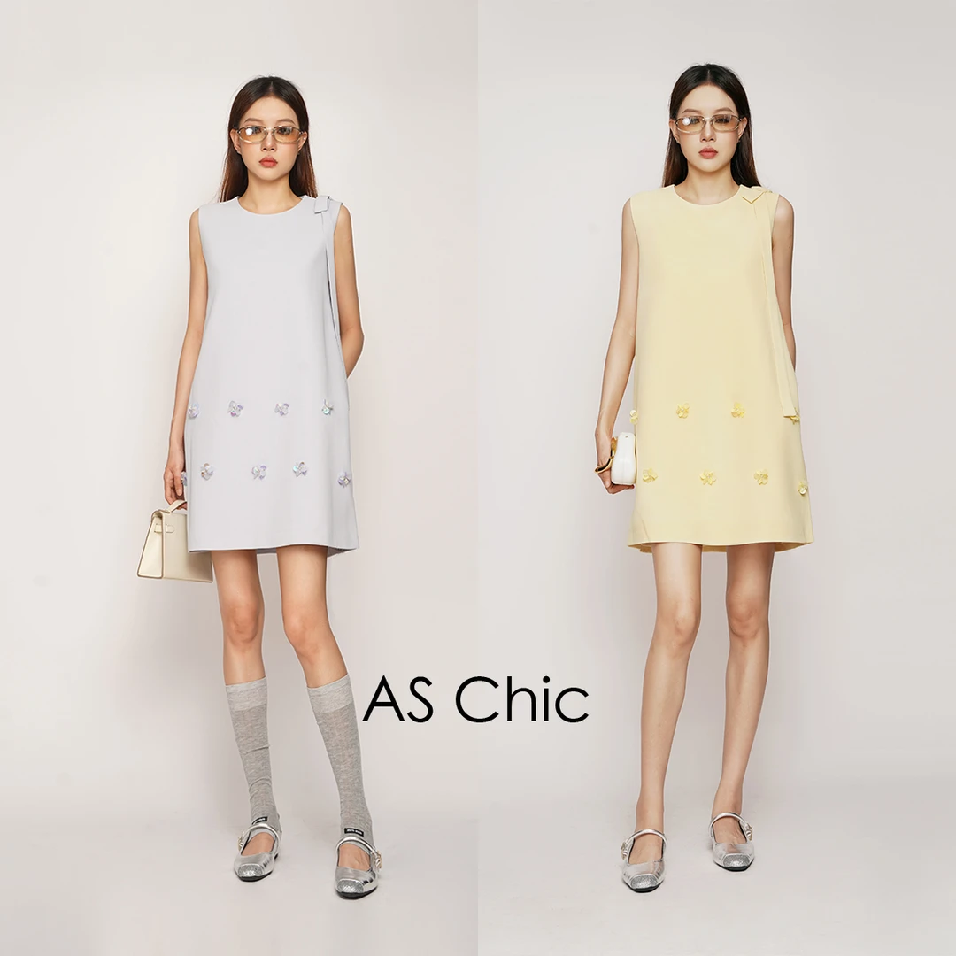 AS CHIC 25SS法式手工桔梗钉珠花无袖背心连衣裙AS1154