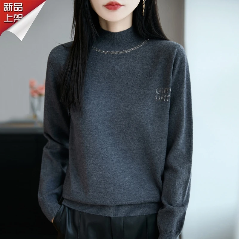 哥弟阿玛施正品秋季软糯宽松女装针织衫毛衣烫钻时尚半高领显瘦女
