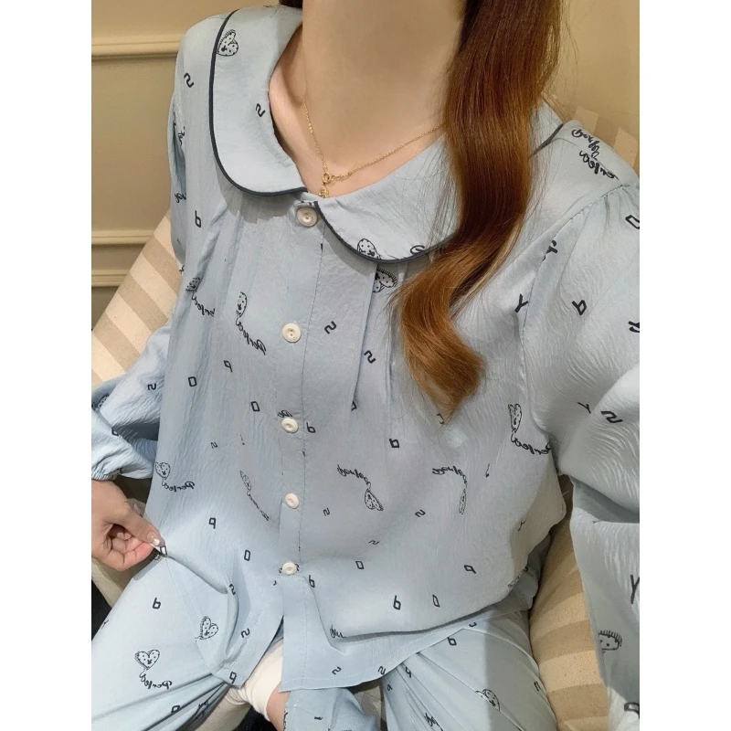 甜美睡衣女2025新款长袖长裤云朵棉开衫娃娃领家居服薄款两件套装