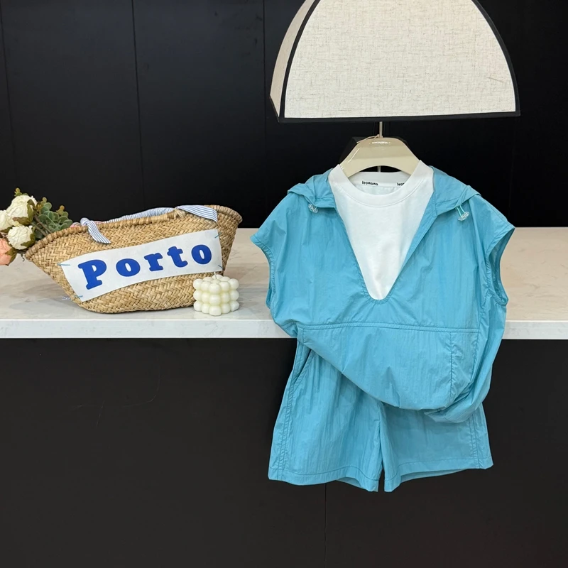 【现货】leomama女童蓝色三件套夏季洋气休闲套装儿童百搭上衣短裤