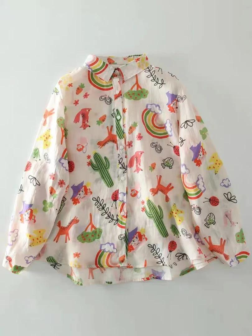 【又见彩虹】春卡通彩虹印花纯苎麻长袖衬衫高品质宽松百搭薄款衬衣
