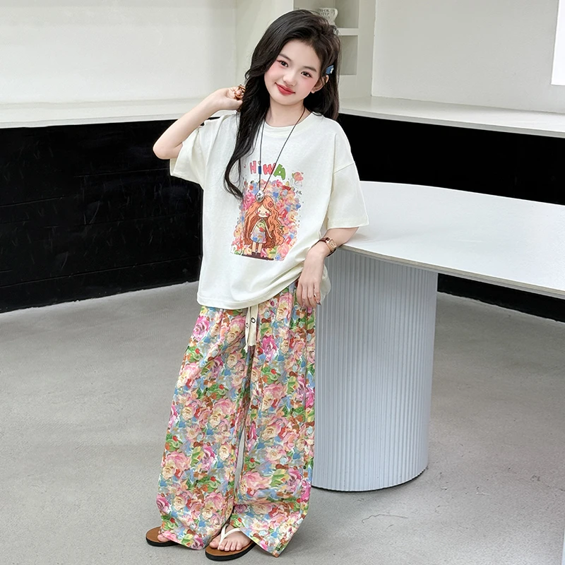 童装女童套装夏季中大童女孩洋气时髦短袖T恤儿童宽松印花阔腿裤