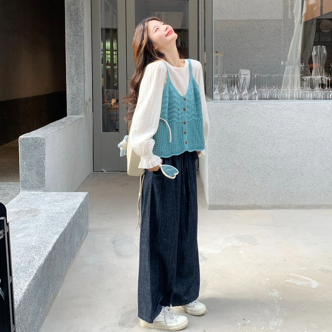 休闲慵懒风甜美显瘦套装女秋新款时尚减龄吊带毛衣衬衫裤子三件套