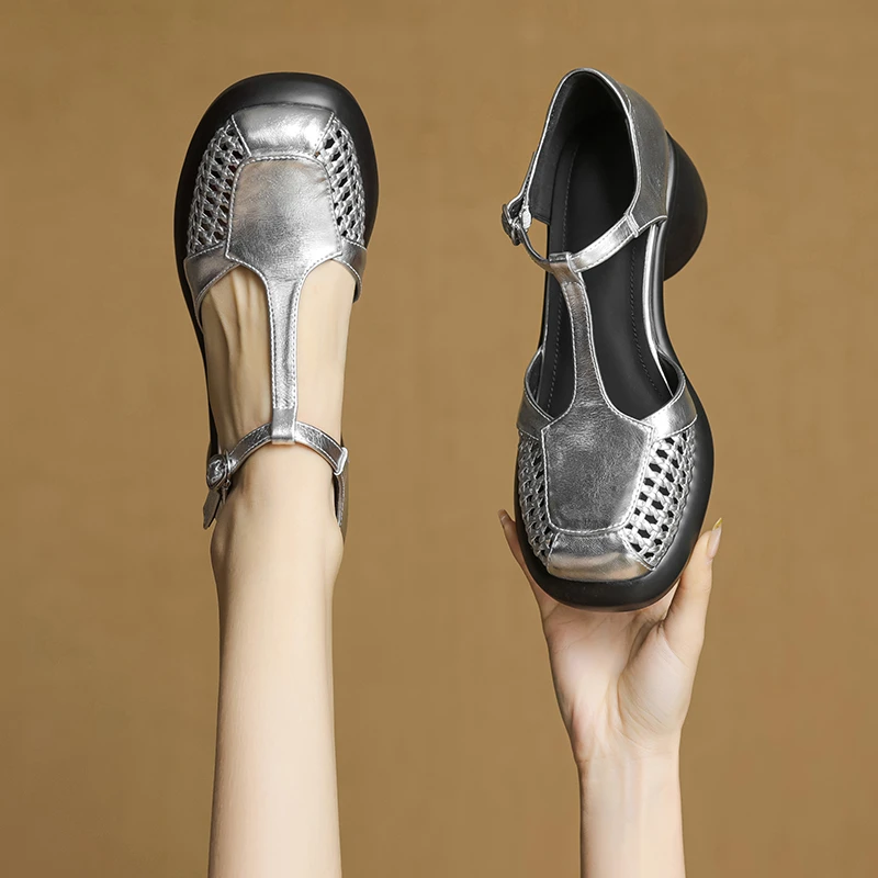 菓苒6cm粗跟高跟法式优雅气质简约巴蒂啊玛丽珍小皮鞋侧空单鞋女