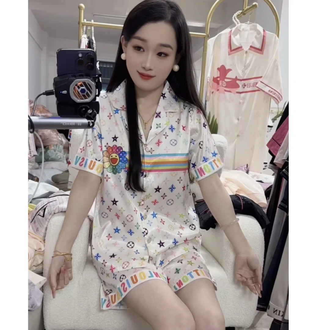 3号链接琦欣之梦白三彩冰雪软丝三件套夏季精致女睡衣套装