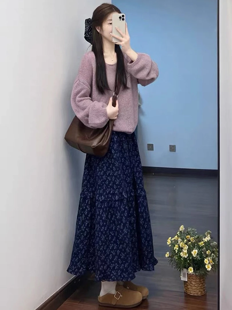早秋套装女2025新款穿搭一整套百搭高级感巨好看毛衣碎花半身裙子