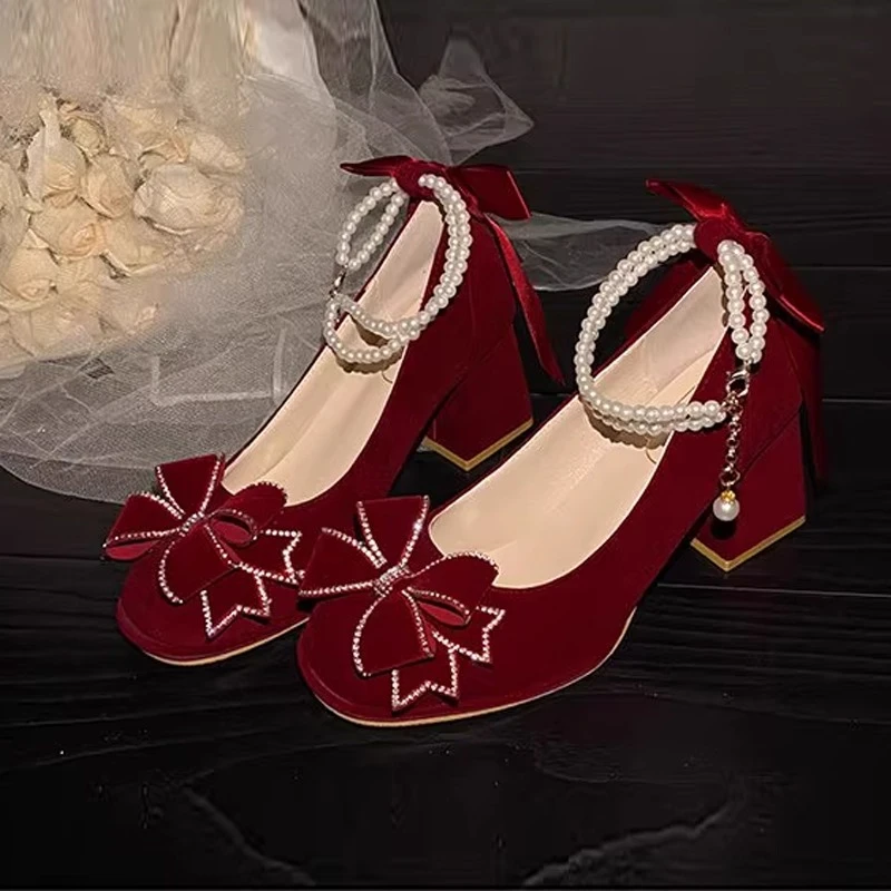结婚高跟鞋女婚鞋2025新款新娘鞋秀禾服粗跟红色中式订婚敬酒