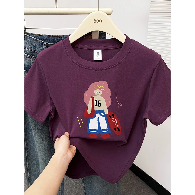 夏季新款韩系减龄卡通印花大码休闲慵懒风正肩显瘦短袖T恤上衣女