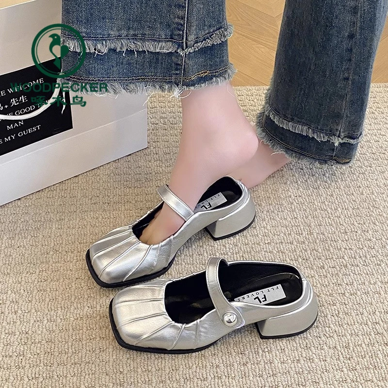 啄木鸟时尚包头半拖鞋女外穿2025新款夏季粗跟中跟玛丽珍单鞋凉拖