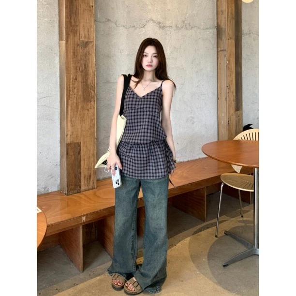 美式复古学院风绑带收腰格子吊带背心女夏季小众无袖外穿气质上衣