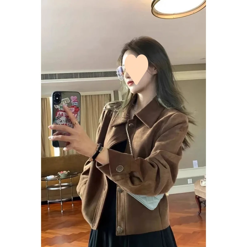 咖色鹿皮绒外套女短款2025春秋款韩系宽松休闲复古小个子夹克上衣