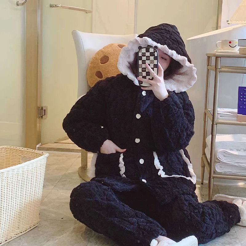 连帽加厚夹棉女花边中长款加绒保暖家居服睡衣女款套装睡衣