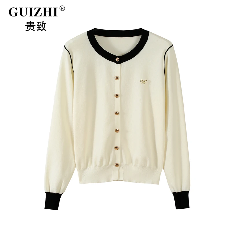 2025春季新款宽松圆领拼色针织开衫女装长袖百搭薄款显瘦上衣外套