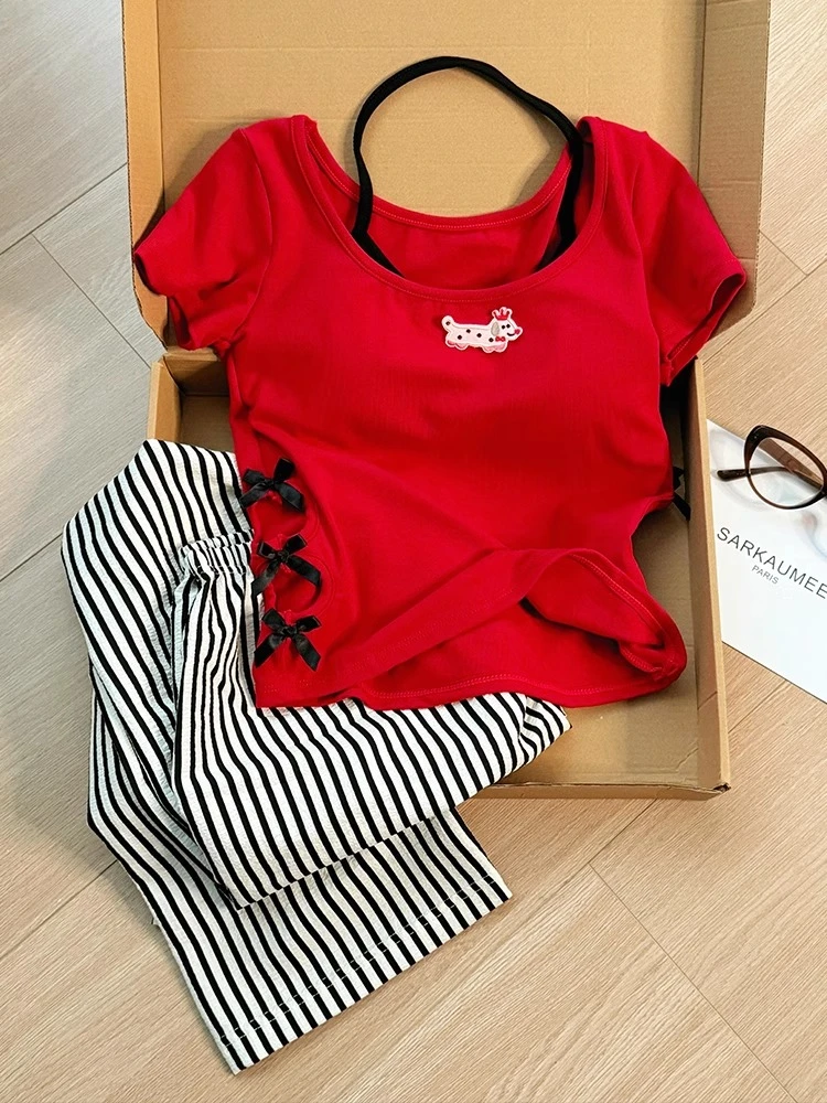 【DMXJ大梦想家】纯欲辣妹假两件蝴蝶结镂空睡衣女夏季条纹长裤套装