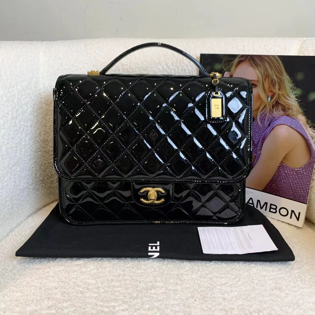 99新 Chanel/香奈儿 拆壹臻/22k黑金漆皮邮差双肩包 51410912