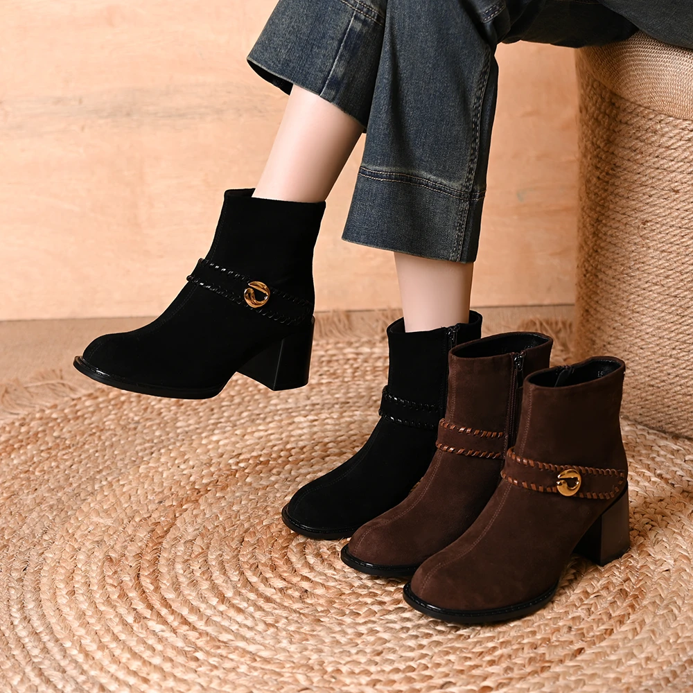 真皮羊皮圆头侧拉链高跟短靴女秋冬新款磨砂绒面粗跟百搭通勤单靴