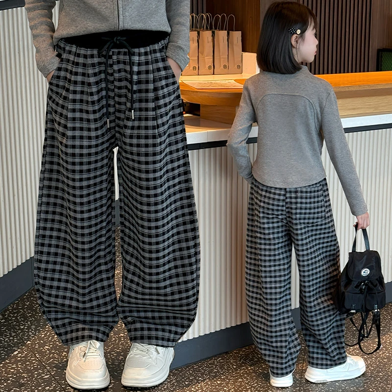 女童2025新款女大童秋季洋气时髦针织开衫套装女孩秋款格子阔腿裤