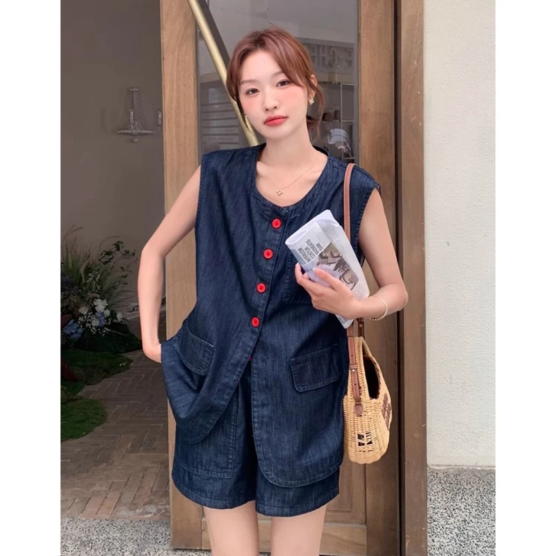 牛仔无袖衬衫马甲短裤套装两件套女夏季2025新款小个子显瘦巨好看