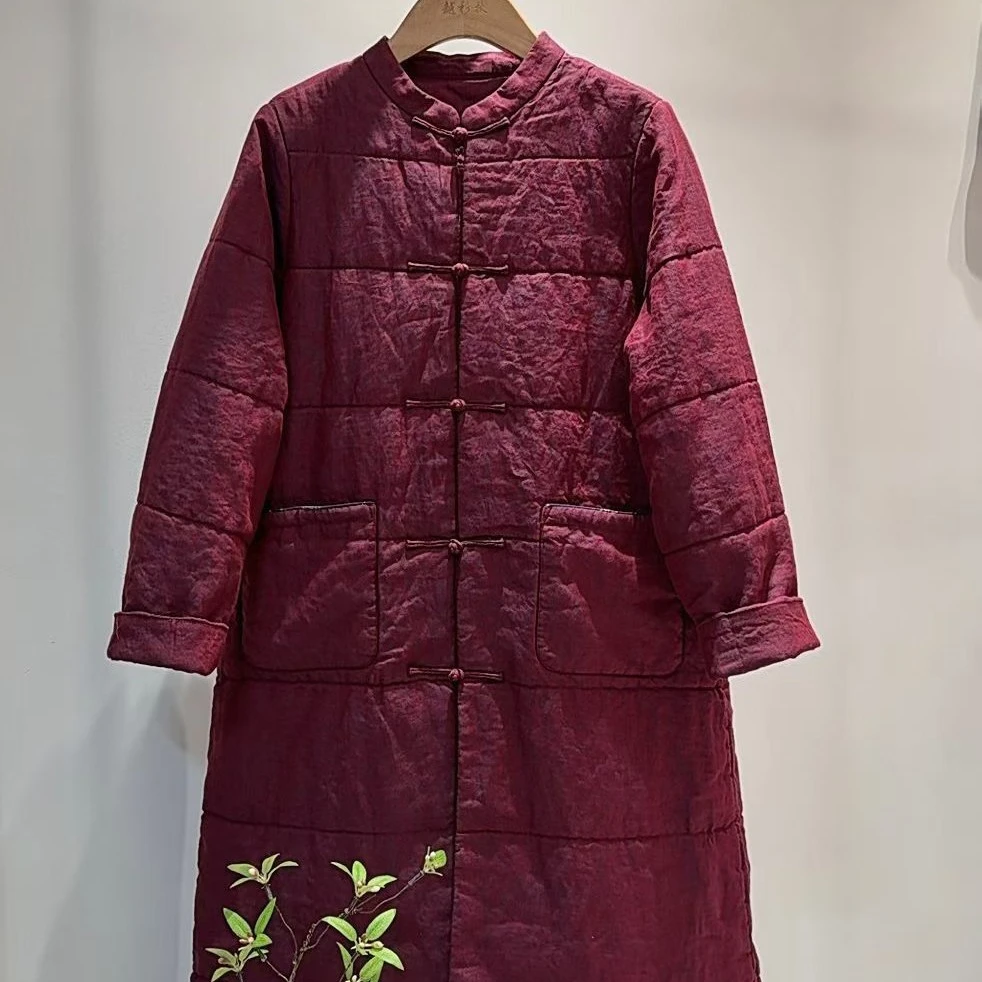 新款色织亚麻长款保暖棉服外套1066
