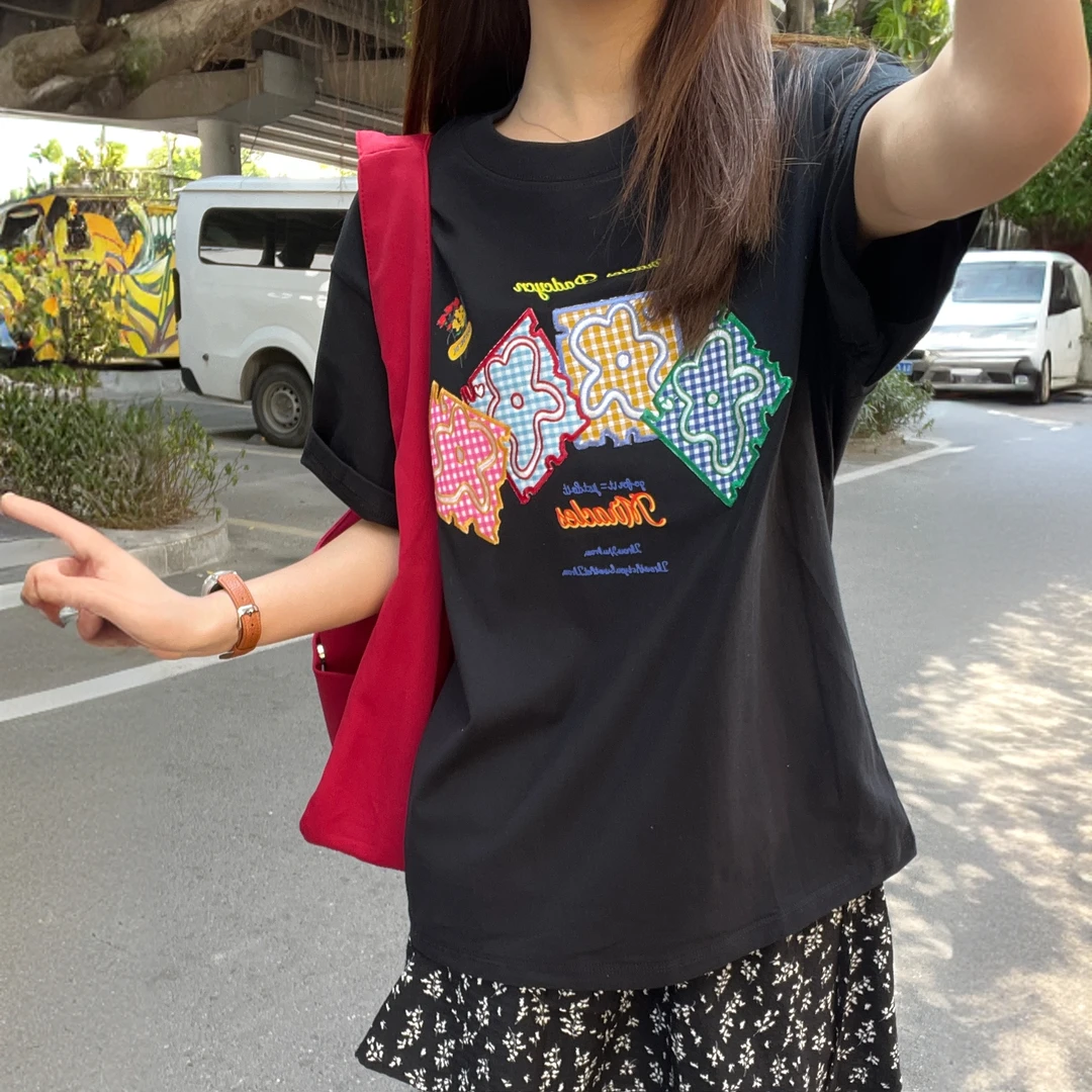 美式复古方块绣花短袖T恤男女款夏季新款设计感小众体恤圆领上衣