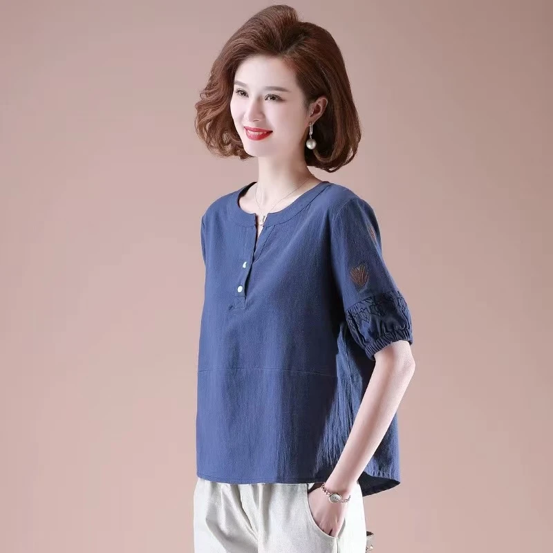 9619-妈妈夏装洋气上衣中年女装大码短袖时尚上衣【E仓东楼梯】