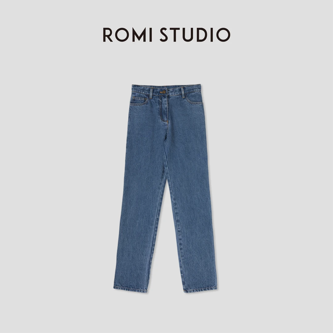 ROMI STUDIO【高品质】四季刚需高腰直筒休闲蓝色复古牛仔裤N2750