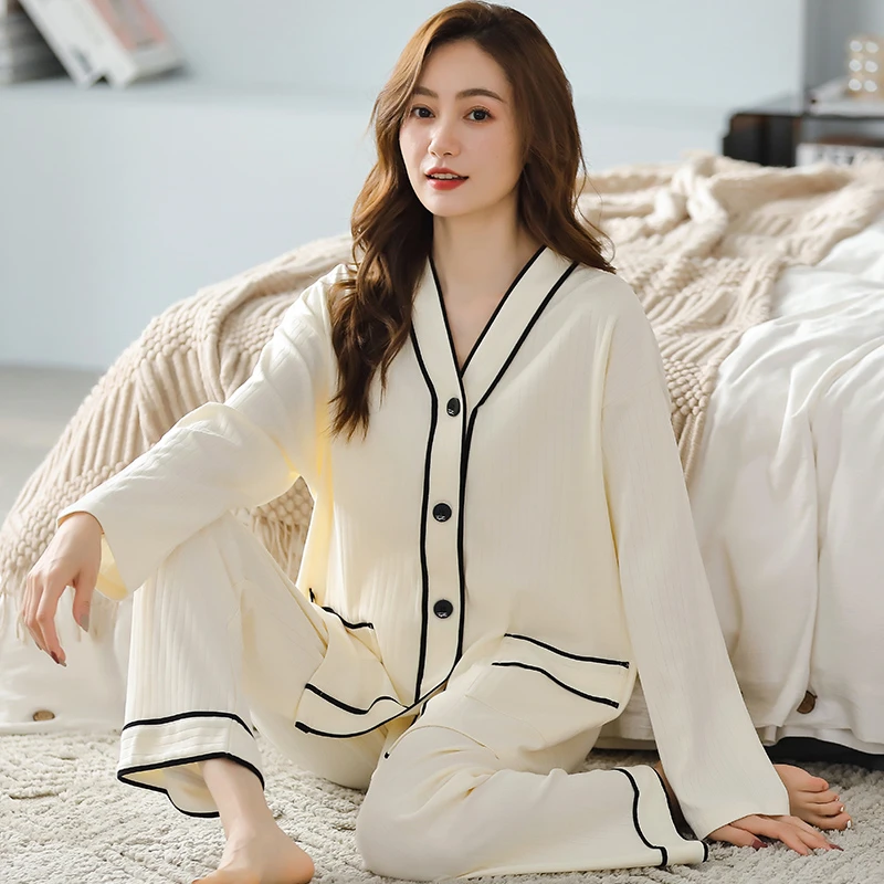 浪莎睡衣女士春秋款纯棉长袖2025新款简约可外穿家居服套装薄款