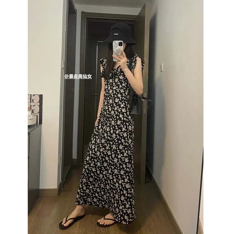 175高个子加长黑色碎花收腰连衣裙女到脚踝玫瑰岛荷叶边显瘦长裙