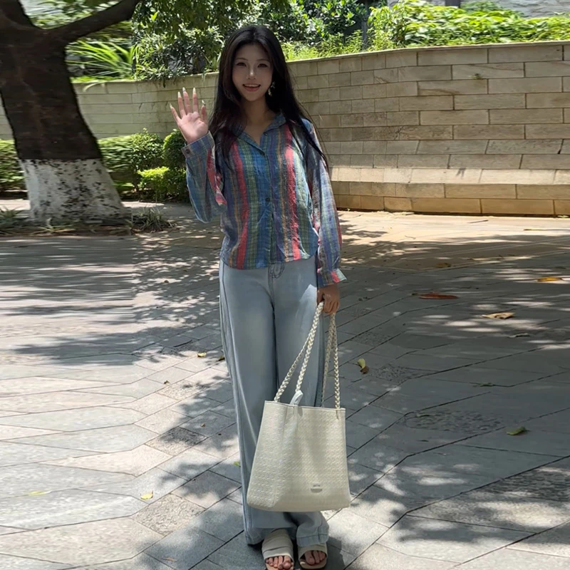 2025夏季新款港风复古设计感长袖衬衫女装撞色条纹时尚休闲上衣潮