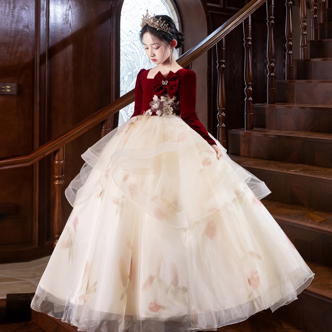 女童礼服高端连衣裙生日公主裙主持人钢琴演奏绝美花童红色晚礼服