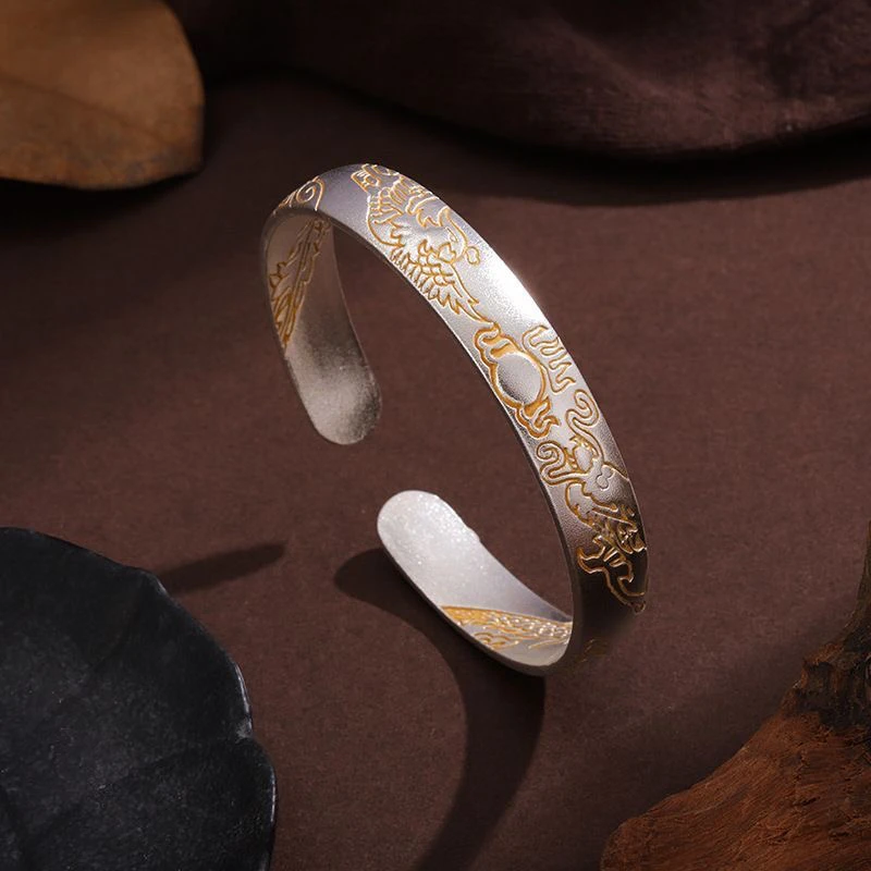 足银坊复古简约龙凤戏珠手镯SK57