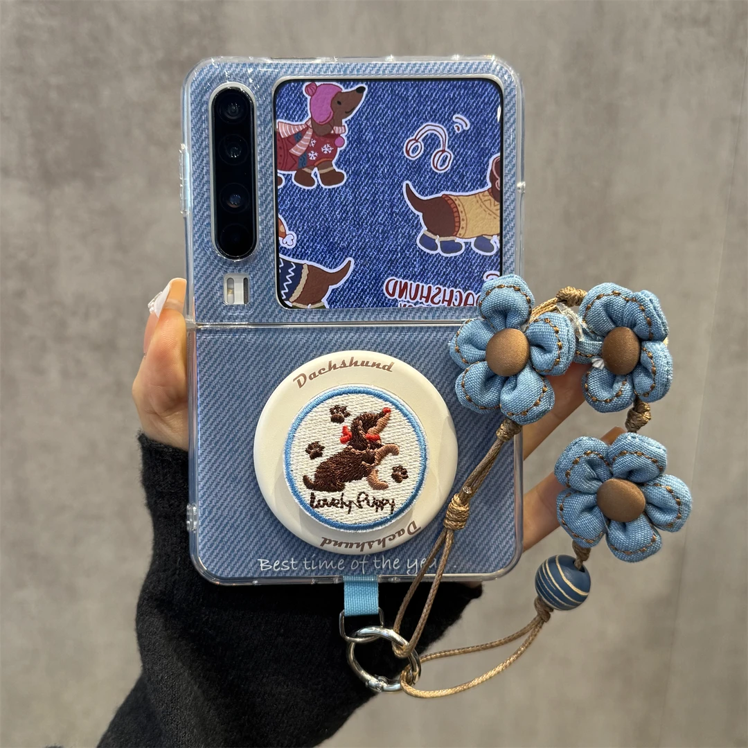 适用华为purax折叠屏手机壳蓝色牛仔纹pocket2刺绣狗狗磁吸支架女