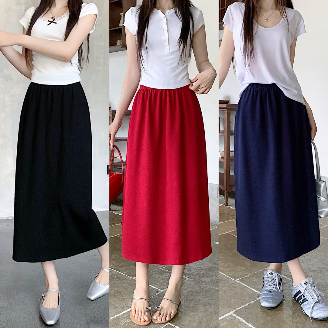 8093-夏女装显瘦微胖红色半身裙开叉气质大码