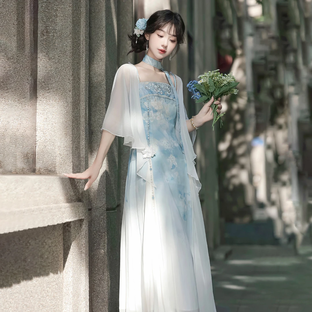 观南桥【茉莉初雪】原创汉服女新中式改良汉元素外披吊带裙套装9624