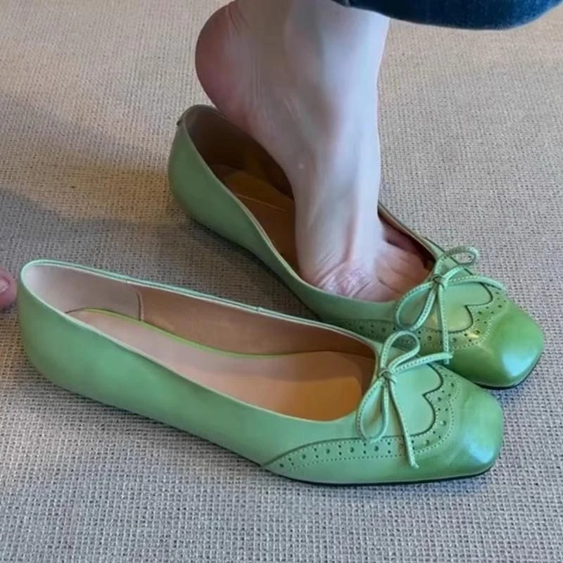 时尚版~中式方头蝴蝶结浅口单鞋女复古经典百搭一脚蹬舒适平底鞋